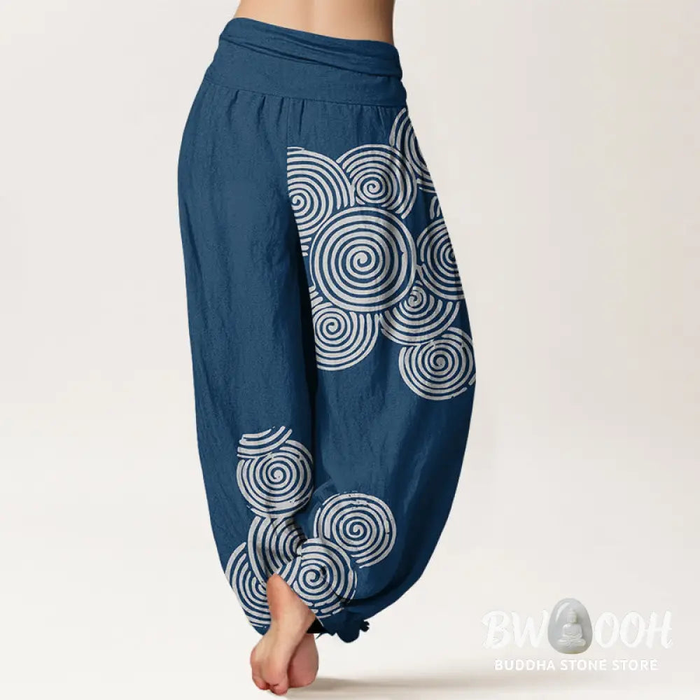 Buddha Stones Printed White Spiral Pattern Women’s Elastic Waist Harem Pure Cotton Pants - Women’s Harem Pants