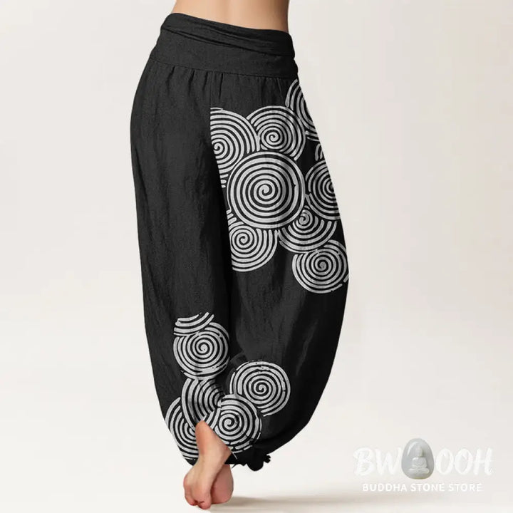 Buddha Stones Printed White Spiral Pattern Women’s Elastic Waist Harem Pure Cotton Pants - Women’s Harem Pants