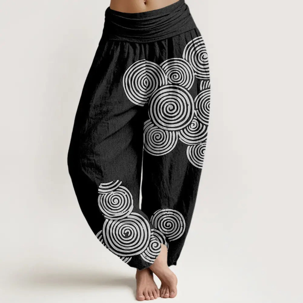 Buddha Stones Printed White Spiral Pattern Women’s Elastic Waist Harem Pure Cotton Pants - Black / US2，UK/AU6，EU34 (XS)