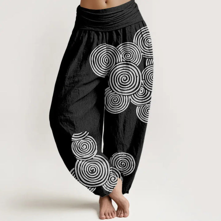 Buddha Stones Printed White Spiral Pattern Women’s Elastic Waist Harem Pure Cotton Pants - Black / US2，UK/AU6，EU34 (XS)