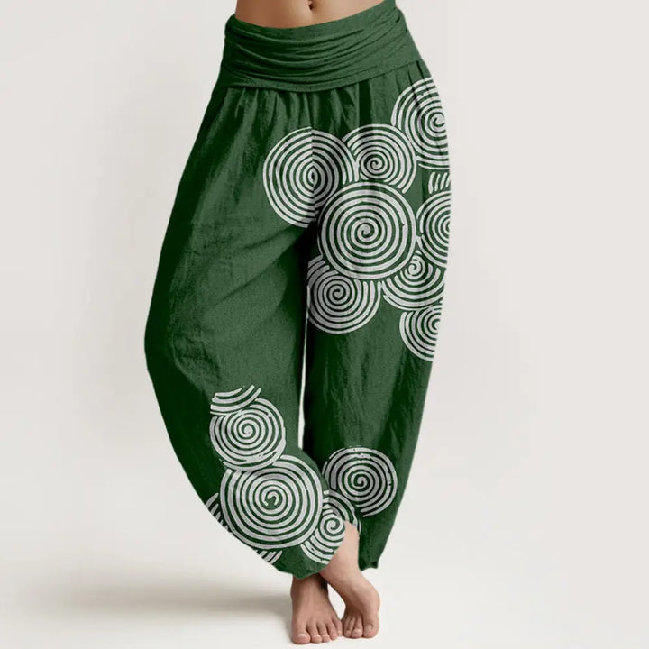 Buddha Stones Printed White Spiral Pattern Women’s Elastic Waist Harem Pure Cotton Pants - DarkGreen / US2，UK/AU6，EU34