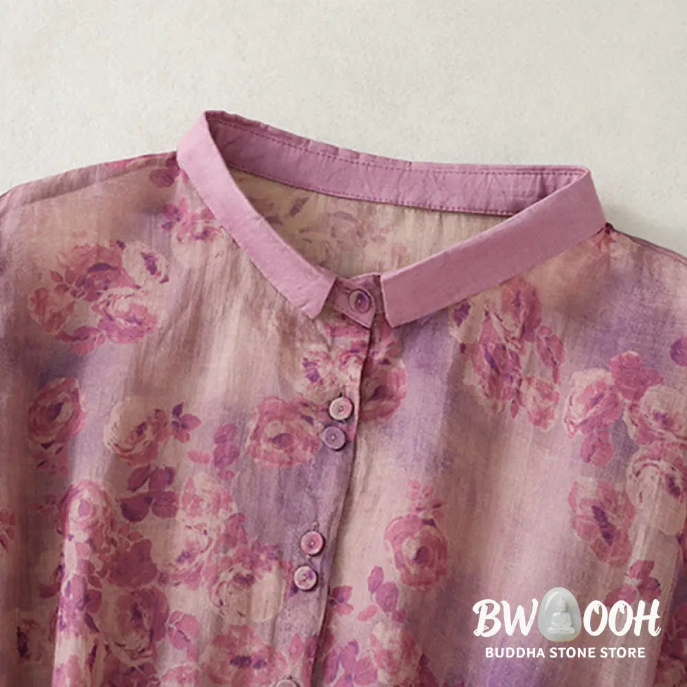 Buddha Stones Printing Buttons Drawstring High Waist Short Sleeve Cotton Midi Dress With Pockets - Midi Dress