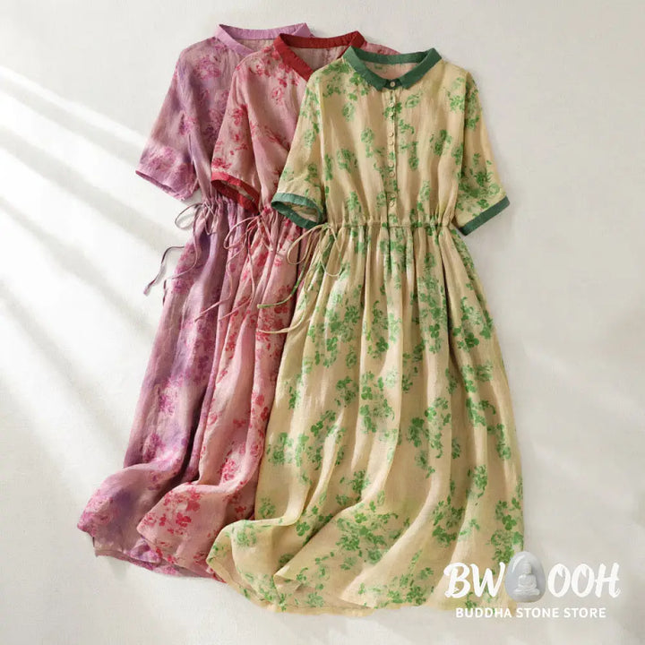 Buddha Stones Printing Buttons Drawstring High Waist Short Sleeve Cotton Midi Dress With Pockets - Midi Dress
