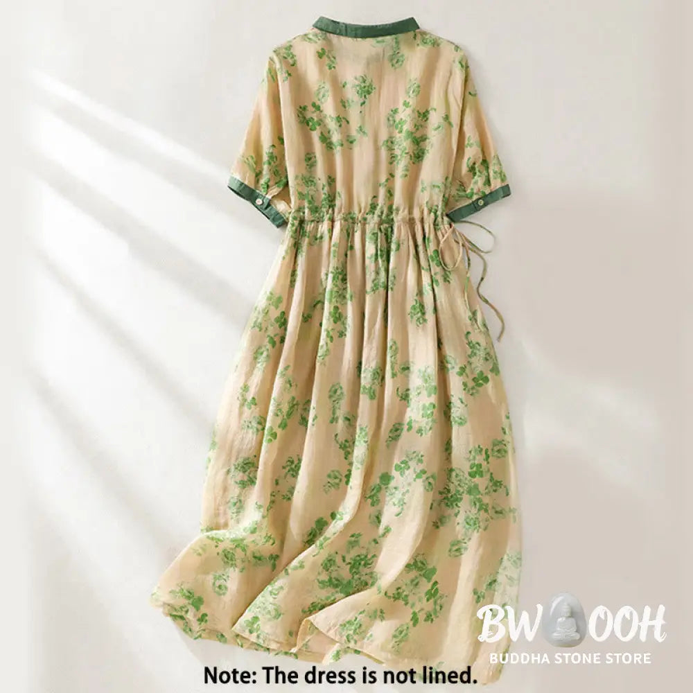 Buddha Stones Printing Buttons Drawstring High Waist Short Sleeve Cotton Midi Dress With Pockets - Midi Dress