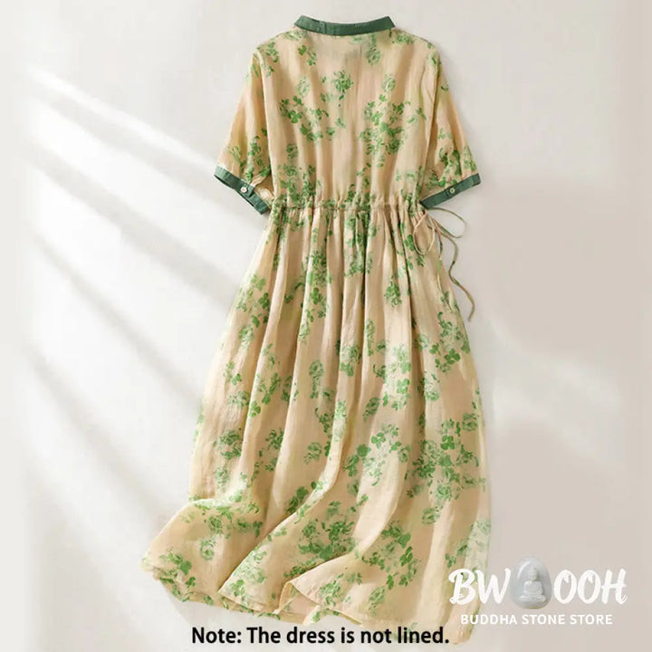 Buddha Stones Printing Buttons Drawstring High Waist Short Sleeve Cotton Midi Dress With Pockets - Midi Dress