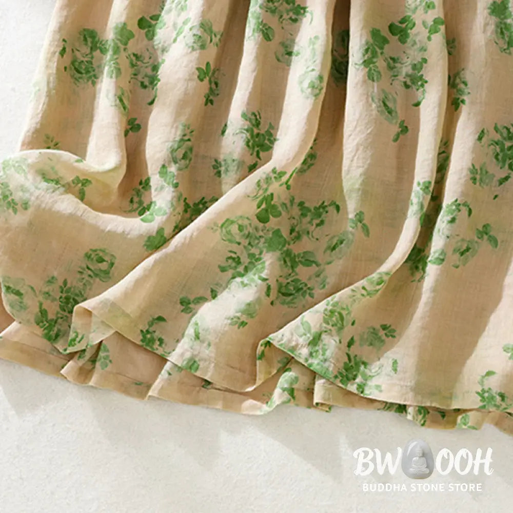 Buddha Stones Printing Buttons Drawstring High Waist Short Sleeve Cotton Midi Dress With Pockets - Midi Dress