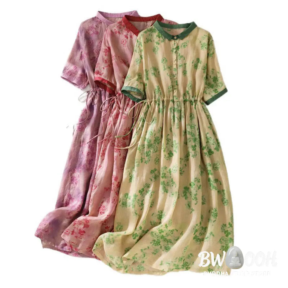 Buddha Stones Printing Buttons Drawstring High Waist Short Sleeve Cotton Midi Dress With Pockets - Midi Dress