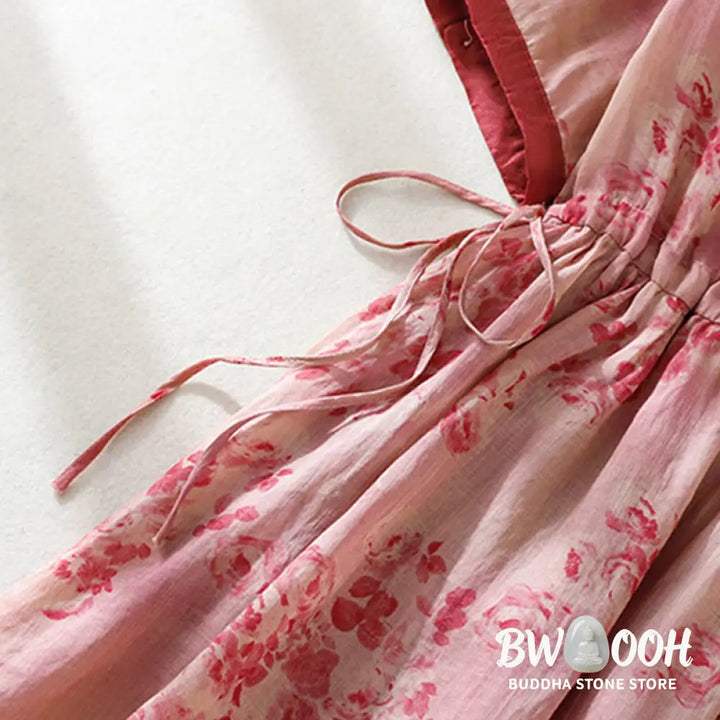 Buddha Stones Printing Buttons Drawstring High Waist Short Sleeve Cotton Midi Dress With Pockets - Midi Dress