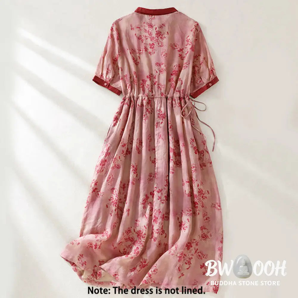 Buddha Stones Printing Buttons Drawstring High Waist Short Sleeve Cotton Midi Dress With Pockets - Midi Dress