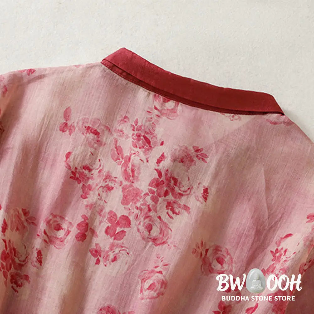 Buddha Stones Printing Buttons Drawstring High Waist Short Sleeve Cotton Midi Dress With Pockets - Midi Dress