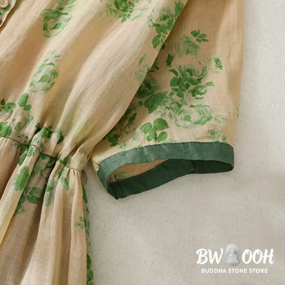Buddha Stones Printing Buttons Drawstring High Waist Short Sleeve Cotton Midi Dress With Pockets - Midi Dress