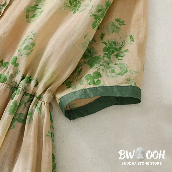 Buddha Stones Printing Buttons Drawstring High Waist Short Sleeve Cotton Midi Dress With Pockets - Midi Dress