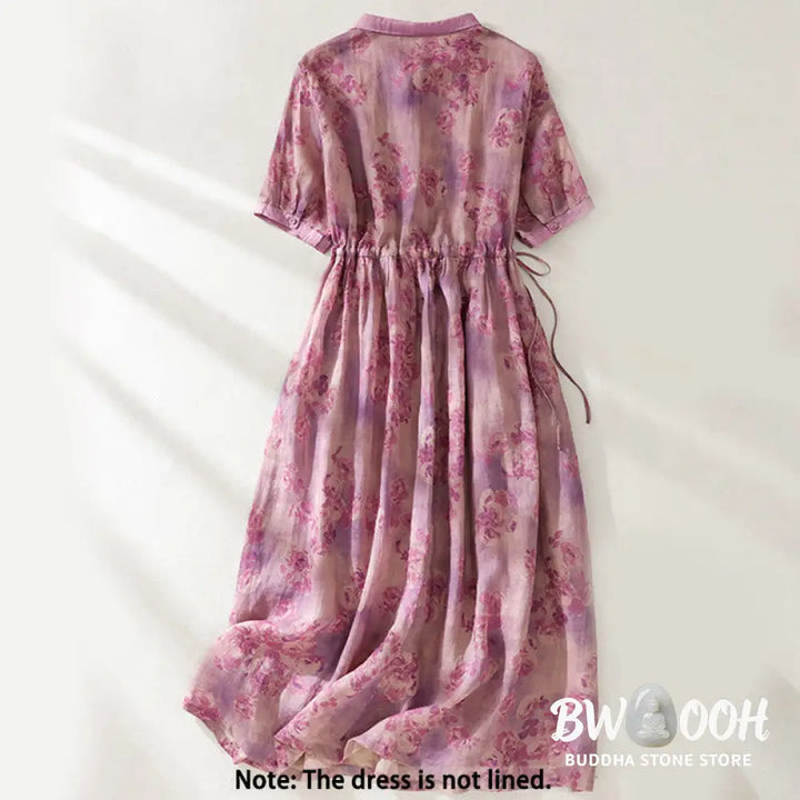 Buddha Stones Printing Buttons Drawstring High Waist Short Sleeve Cotton Midi Dress With Pockets - Midi Dress