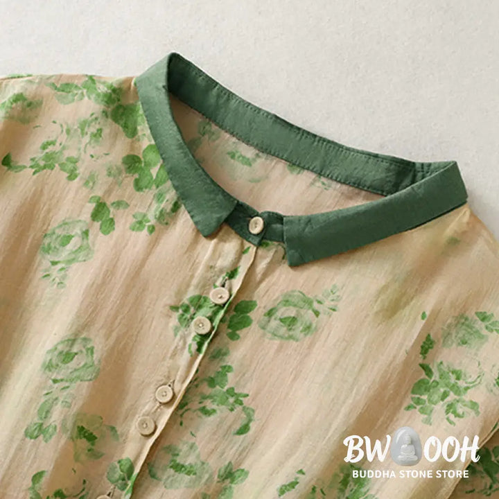 Buddha Stones Printing Buttons Drawstring High Waist Short Sleeve Cotton Midi Dress With Pockets - Midi Dress