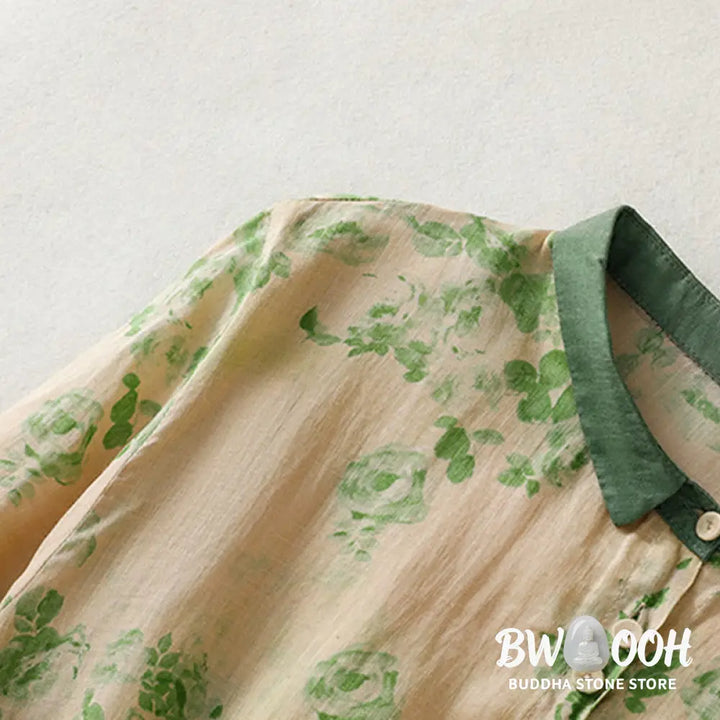 Buddha Stones Printing Buttons Drawstring High Waist Short Sleeve Cotton Midi Dress With Pockets - Midi Dress