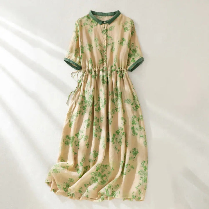Buddha Stones Printing Buttons Drawstring High Waist Short Sleeve Cotton Midi Dress With Pockets - LightGoldenrodYellow