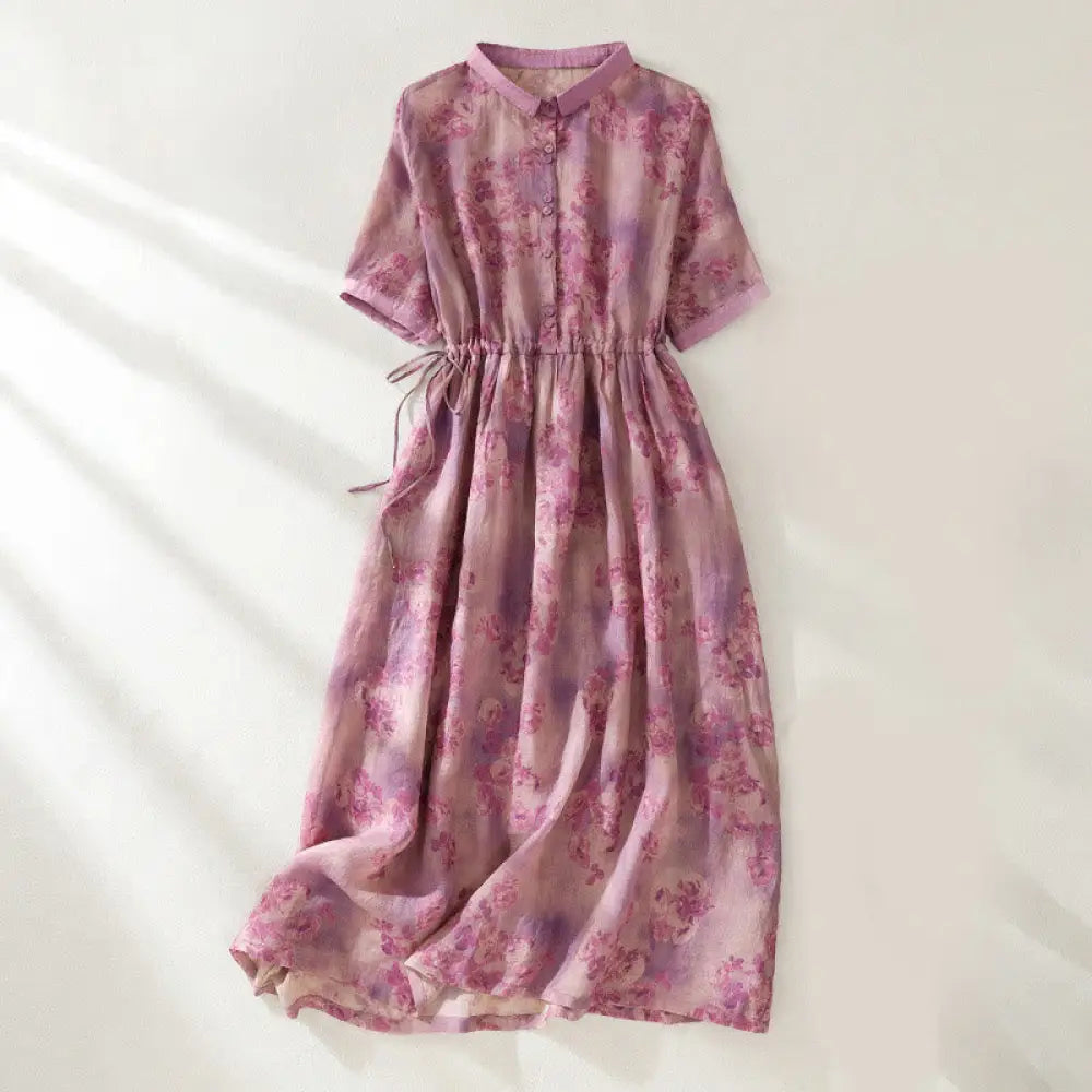 Buddha Stones Printing Buttons Drawstring High Waist Short Sleeve Cotton Midi Dress With Pockets - PaleVioletRed