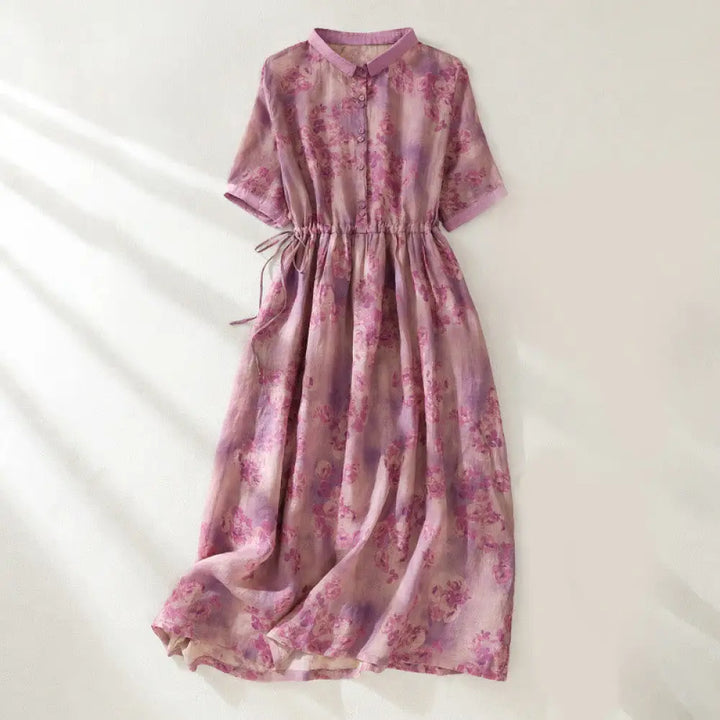 Buddha Stones Printing Buttons Drawstring High Waist Short Sleeve Cotton Midi Dress With Pockets - PaleVioletRed