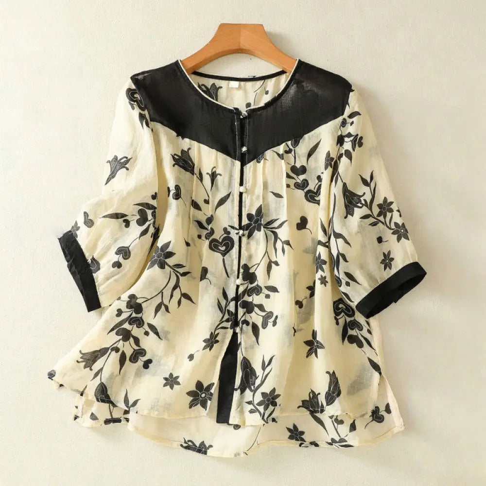 BWOOOH Printing Floral Buttons Color Contrast Half Sleeve