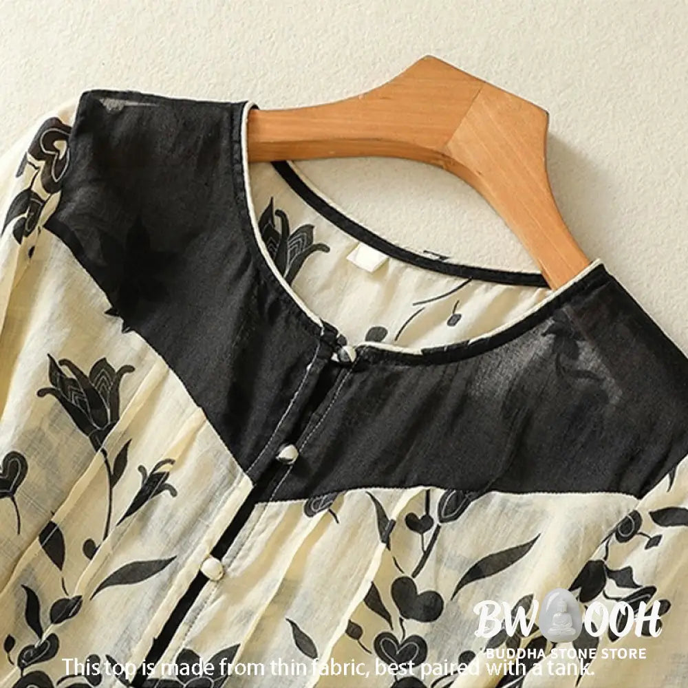 Buddha Stones Printing Floral Buttons Color Contrast Half Sleeve Women’s Shirt - Women’s Shirts