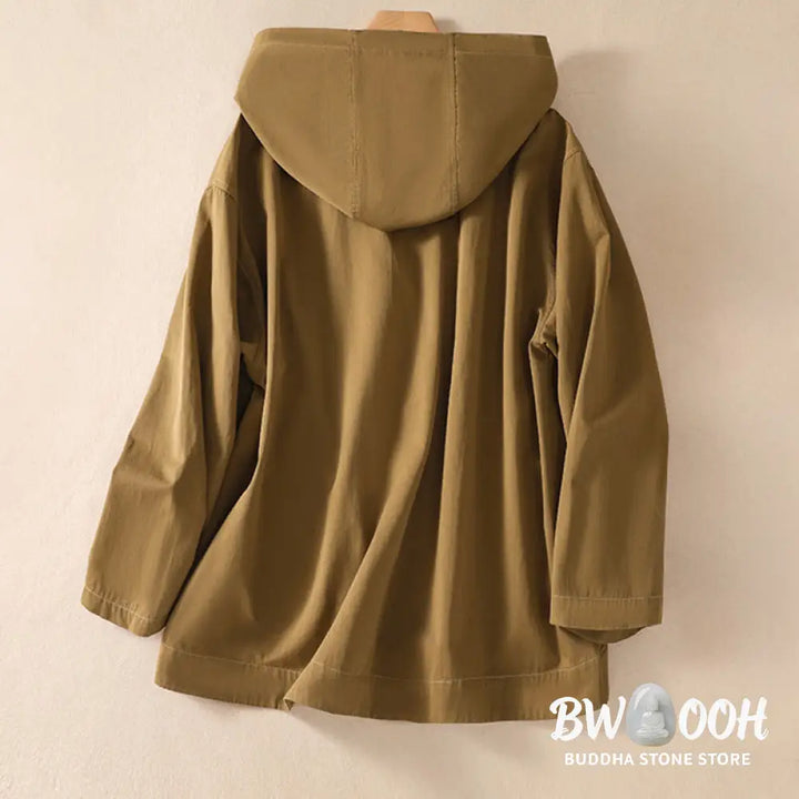 Buddha Stones Pure Color Hooded Women’s Long Sleeve Cotton Jacket With Pockets - Women’s Jacket