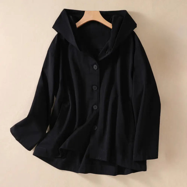 Buddha Stones Pure Color Hooded Women’s Long Sleeve Cotton Jacket With Pockets - Black / US6，UK/AU10，EU38 (M) - Women’s