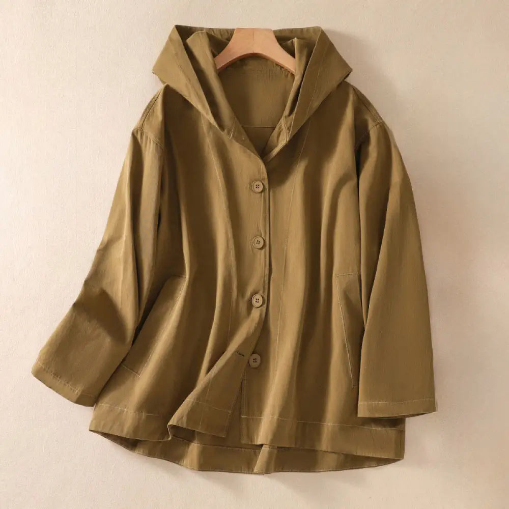 Buddha Stones Pure Color Hooded Women’s Long Sleeve Cotton Jacket With Pockets - DarkGoldenrod / US6，UK/AU10，EU38 (M)