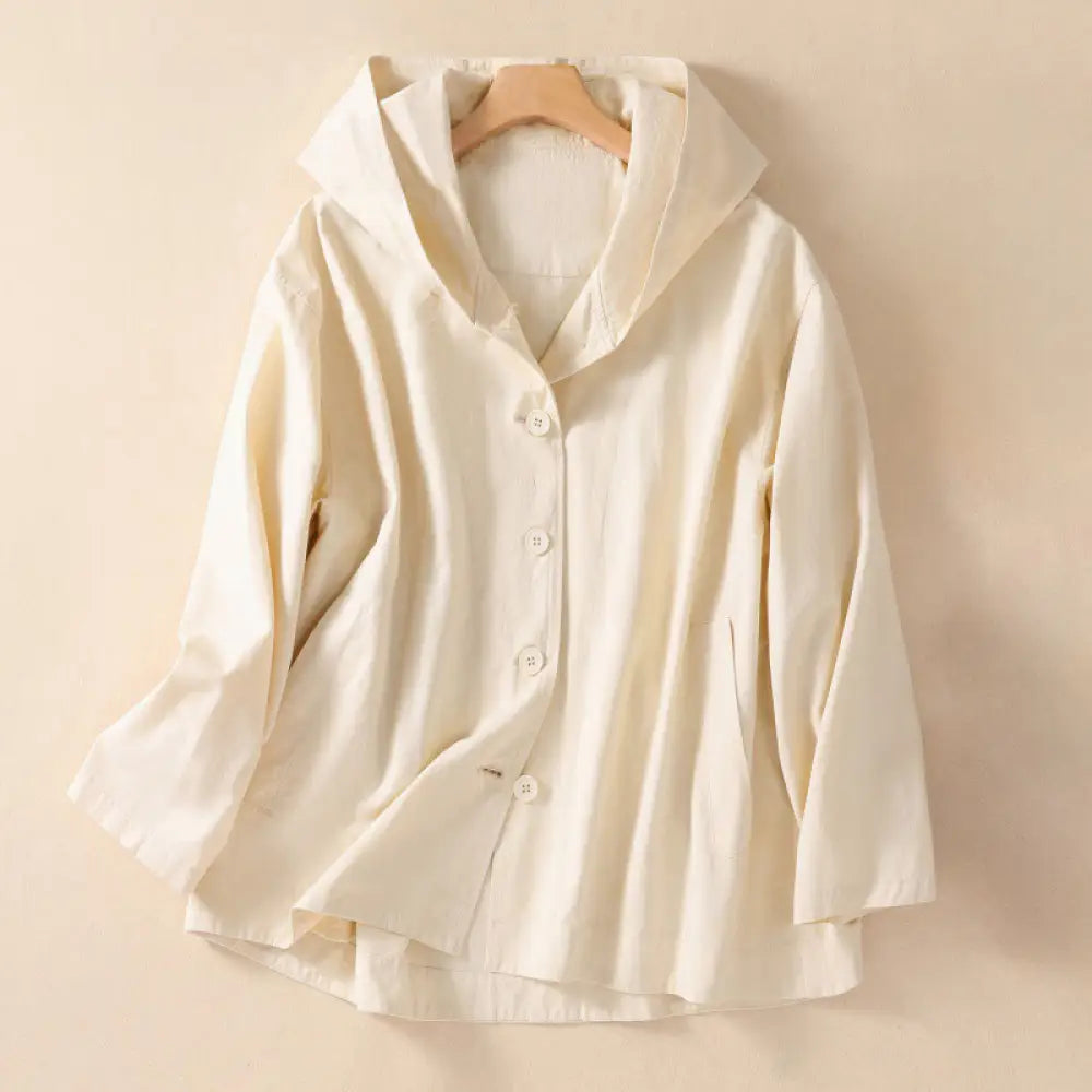 Buddha Stones Pure Color Hooded Women’s Long Sleeve Cotton Jacket With Pockets - OldLace / US6，UK/AU10，EU38 (M)