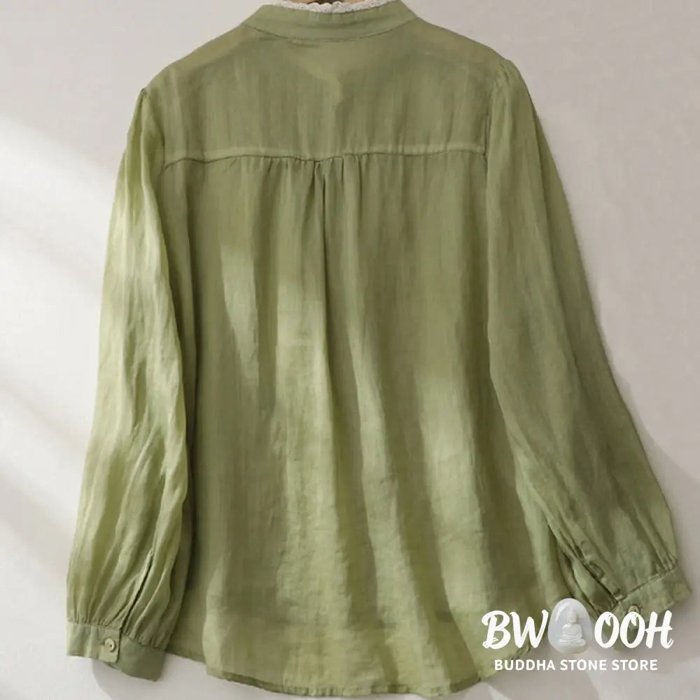 Buddha Stones Pure Color Lace Design Long Lantern Sleeve Women’s Cotton Linen Shirt - Women’s Shirts
