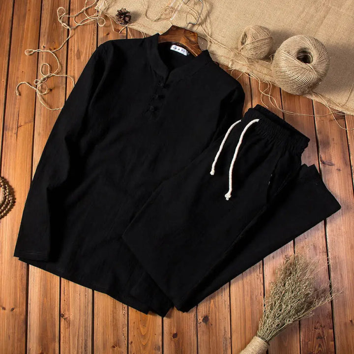 Buddha Stones Pure Color Long Sleeve Top Pants Clothing Men&