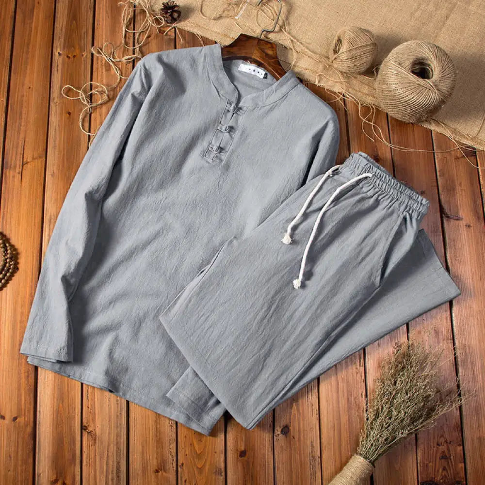 Buddha Stones Pure Color Long Sleeve Top Pants Clothing Men&