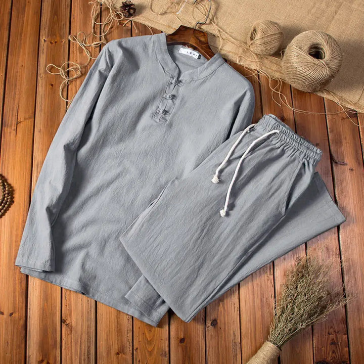 Buddha Stones Pure Color Long Sleeve Top Pants Clothing Men&