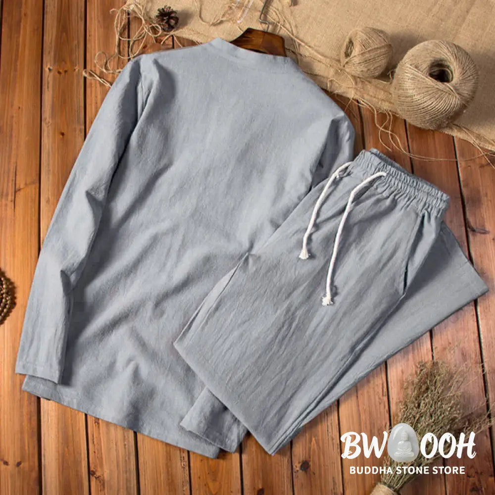 Buddha Stones Pure Color Long Sleeve Top Pants Clothing Men&