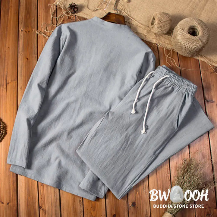 Buddha Stones Pure Color Long Sleeve Top Pants Clothing Men&