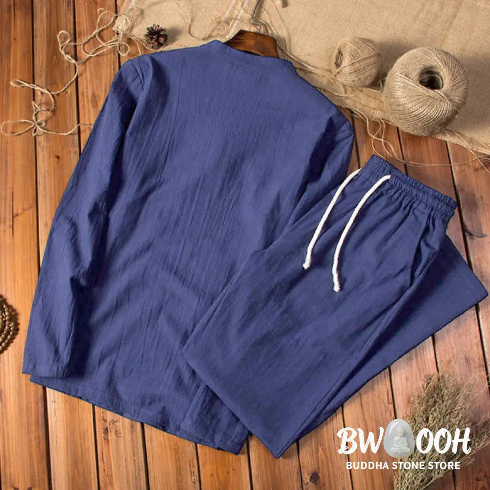 Buddha Stones Pure Color Long Sleeve Top Pants Clothing Men&