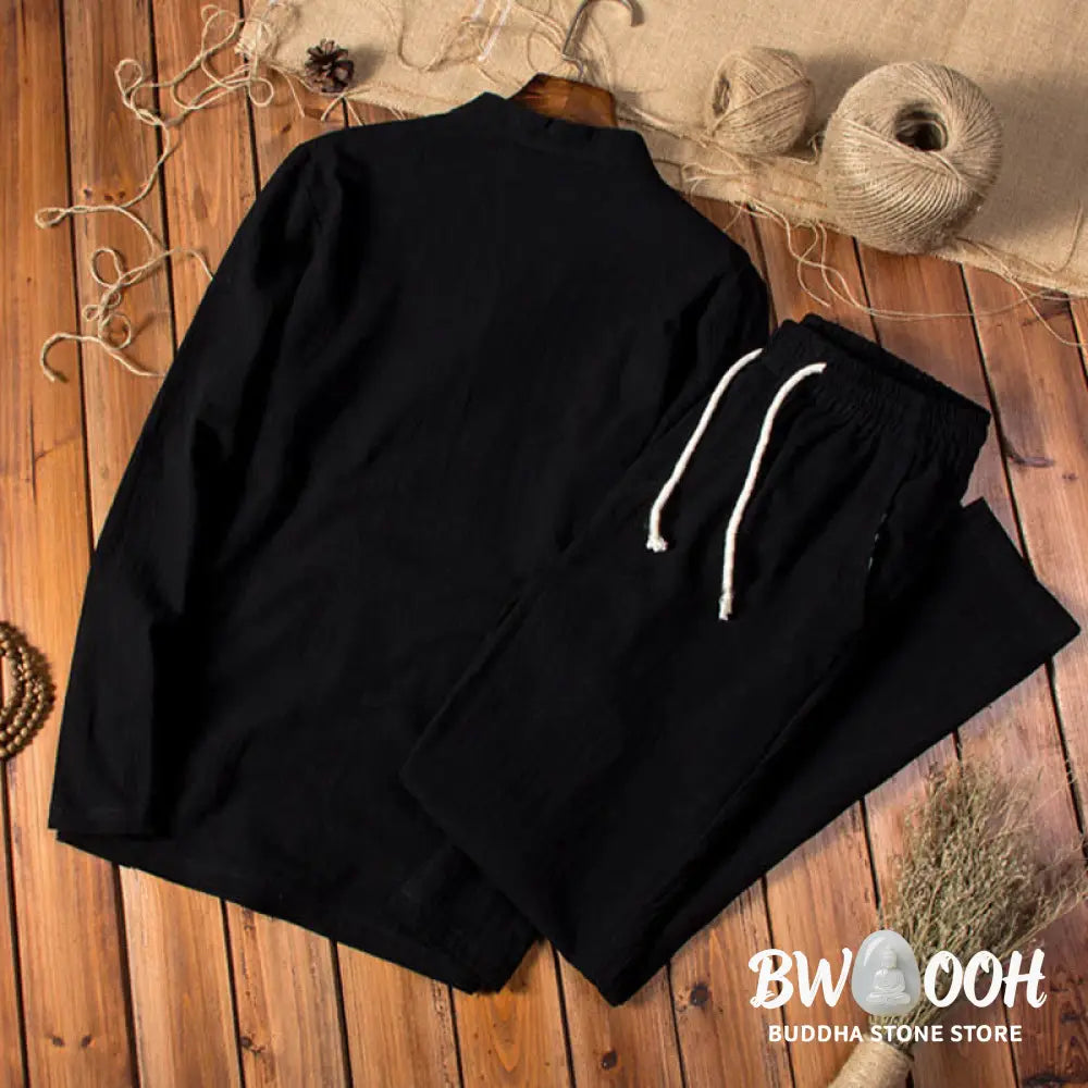 Buddha Stones Pure Color Long Sleeve Top Pants Clothing Men&