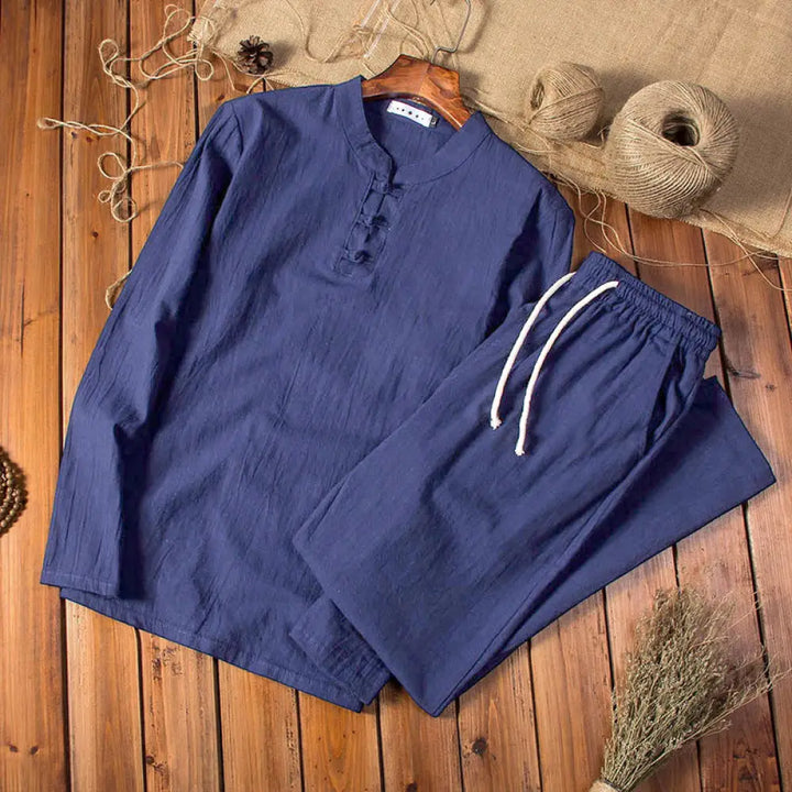 Buddha Stones Pure Color Long Sleeve Top Pants Clothing Men&