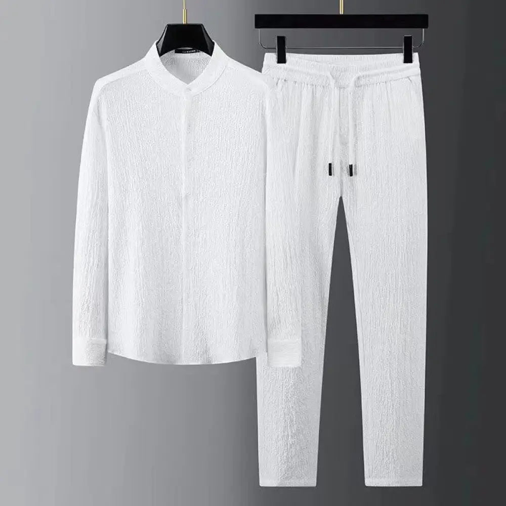 Buddha Stones Pure Color Long Sleeve Top Pants Clothing Men’s Set - White / US/UK/AU34，EU44 (M) - Men’s Meditation Cloth