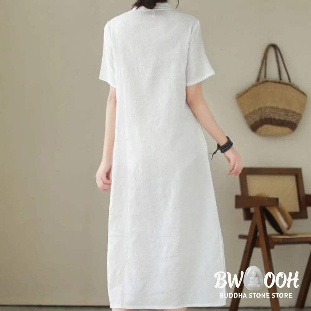 Buddha Stones Pure Color Short Sleeve Jacquard Chinese Cheongsam Qipao Midi Dress With Pockets - Cheongsam Dresses