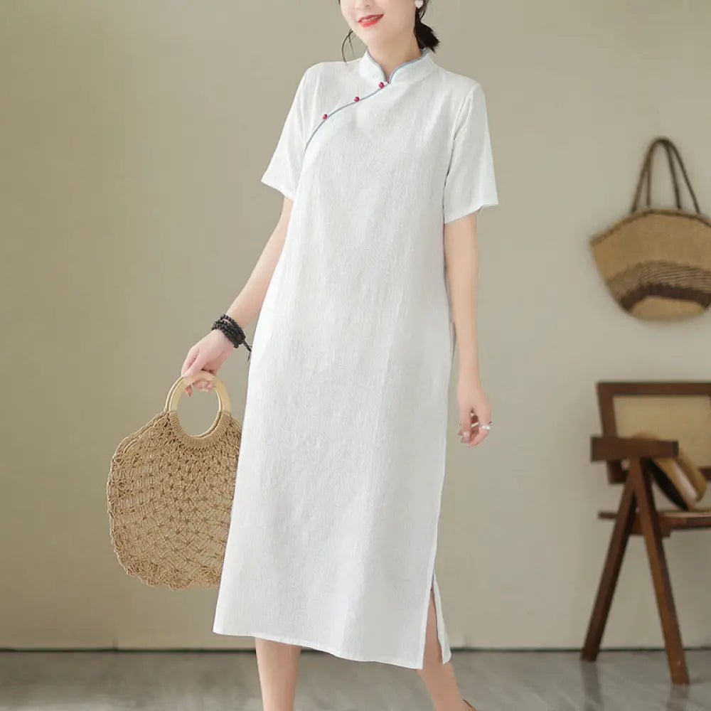 BWOOOH Pure Color Short Sleeve Jacquard Chinese Cheongsam