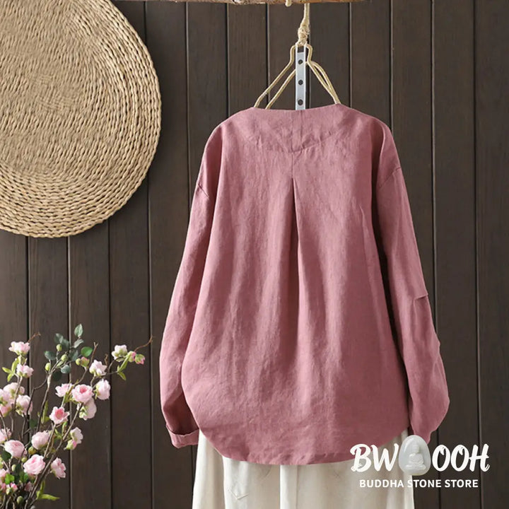 Buddha Stones Pure Color V-neck Women’s Cotton Jacket With Pockets - Women’s Jacket