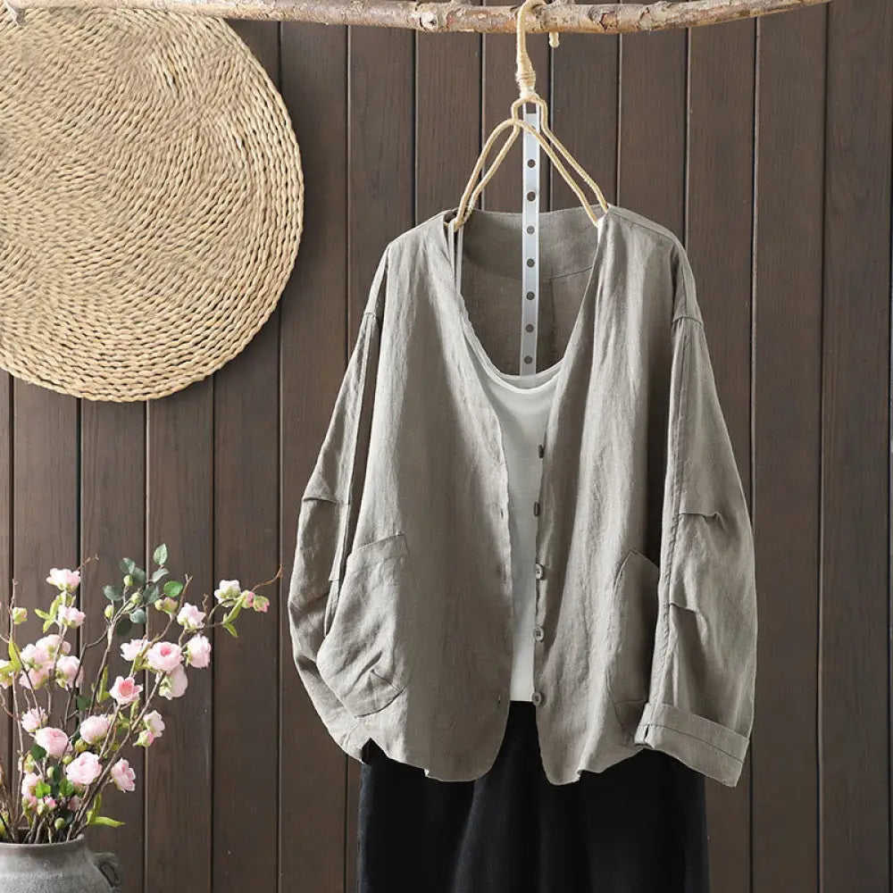 Buddha Stones Pure Color V-neck Women’s Cotton Jacket With Pockets - DarkGray / US6，UK/AU10，EU38 (M) - Women’s Jacket