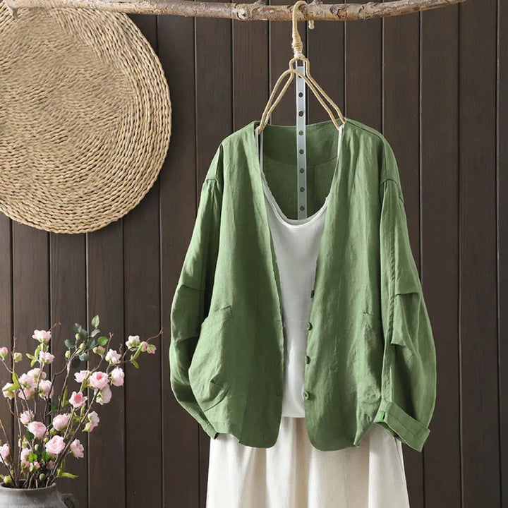 Buddha Stones Pure Color V-neck Women’s Cotton Jacket With Pockets - MediumSeaGreen / US6，UK/AU10，EU38 (M) - Women’s