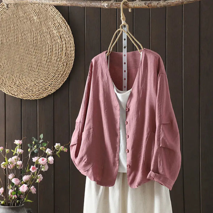 Buddha Stones Pure Color V-neck Women’s Cotton Jacket With Pockets - PaleVioletRed / US6，UK/AU10，EU38 (M) - Women’s
