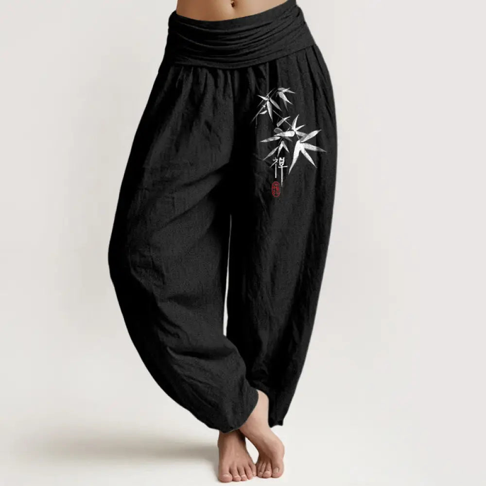 Buddha Stones Pure Cotton Bamboo Zen Pattern Women’s Elastic Waist Harem Pants - Black / US2，UK/AU6，EU34 (XS) - Women’s