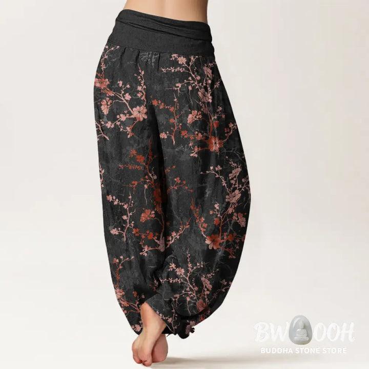 Buddha Stones Pure Cotton Blooming Flowers Branches Leaves Women’s Elastic Waist Harem Pants - Women’s Harem Pants