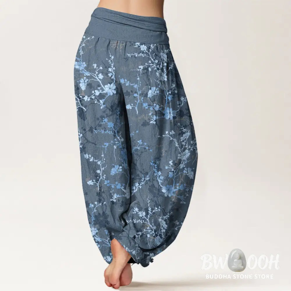 Buddha Stones Pure Cotton Blooming Flowers Branches Leaves Women’s Elastic Waist Harem Pants - Women’s Harem Pants
