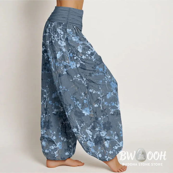 Buddha Stones Pure Cotton Blooming Flowers Branches Leaves Women’s Elastic Waist Harem Pants - Women’s Harem Pants