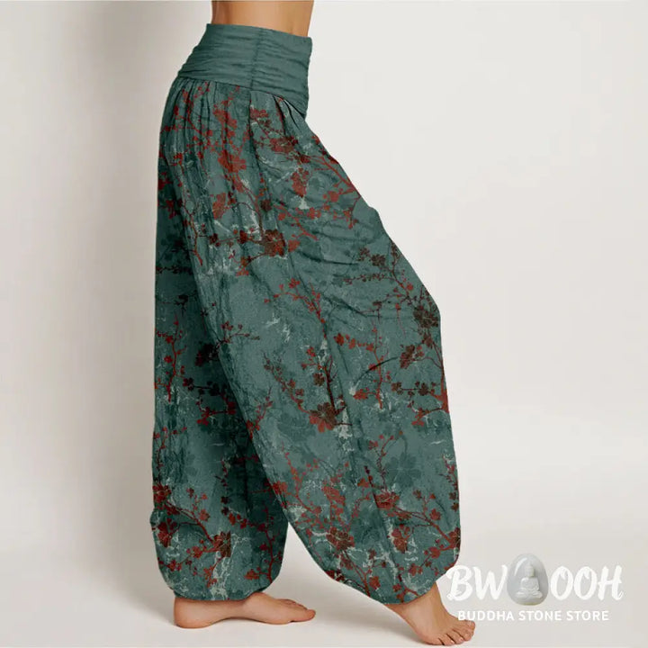 Buddha Stones Pure Cotton Blooming Flowers Branches Leaves Women’s Elastic Waist Harem Pants - Women’s Harem Pants