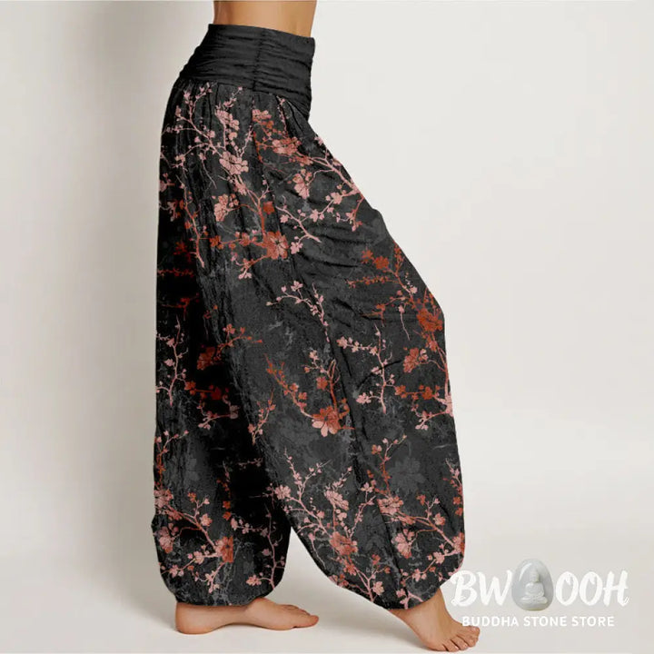 Buddha Stones Pure Cotton Blooming Flowers Branches Leaves Women’s Elastic Waist Harem Pants - Women’s Harem Pants